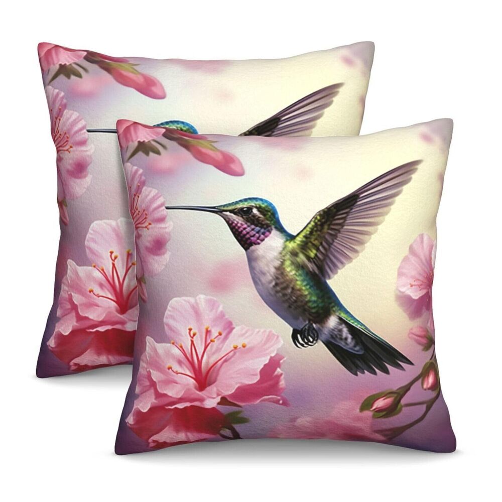 7258 Decorative Pillow Covers Set of 2 Hummingbird Pink Flowers Throw